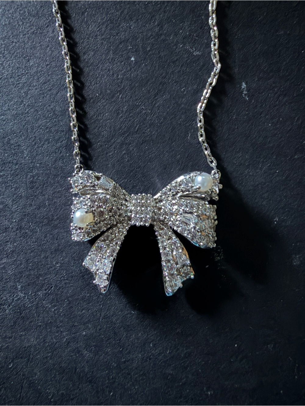 Kendra Scott Silver Crystal Bow Necklace with Pearl Accents